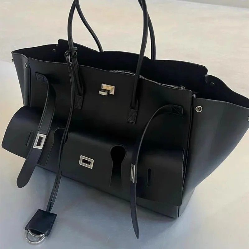 Oversized Multi Pocket Leather Tote Bag Black Utility Shoulder Travel Purse