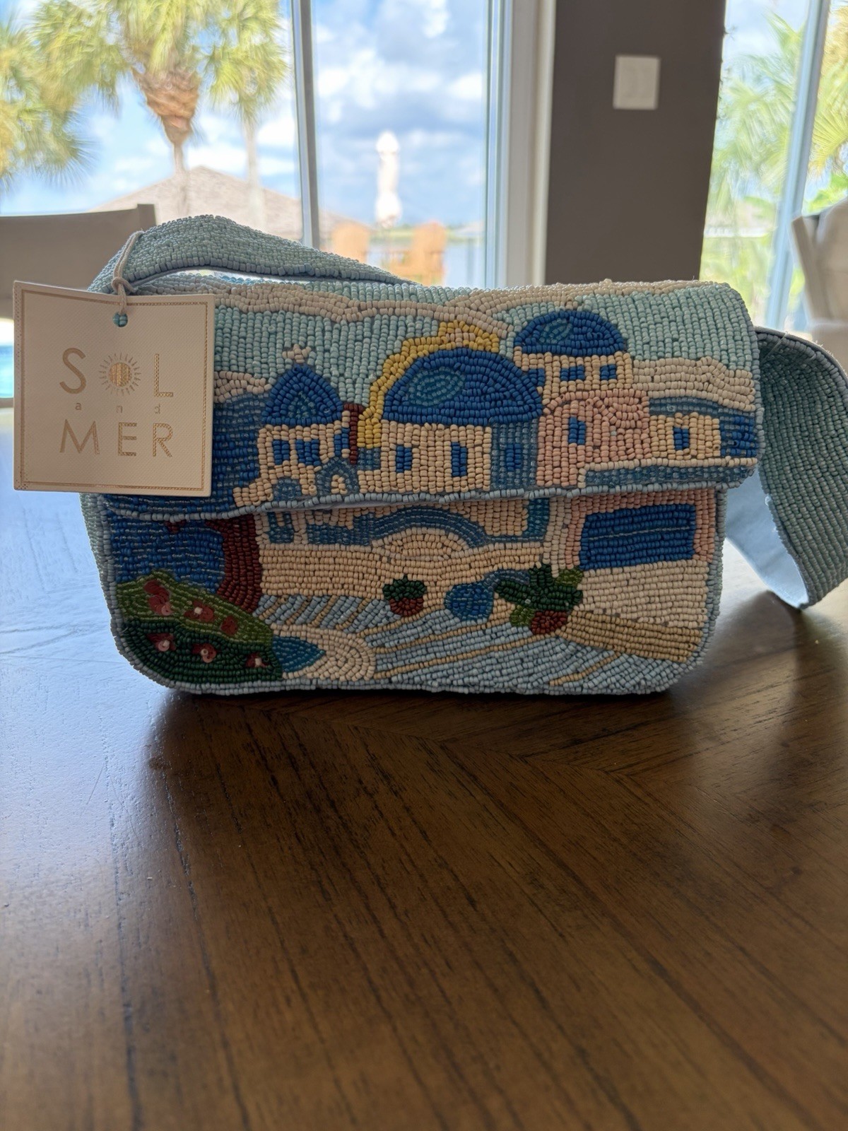 Sol and Mer Scenic Beaded Small Clutch Wrist Strap, Light Blue, Magnetic, Lined
