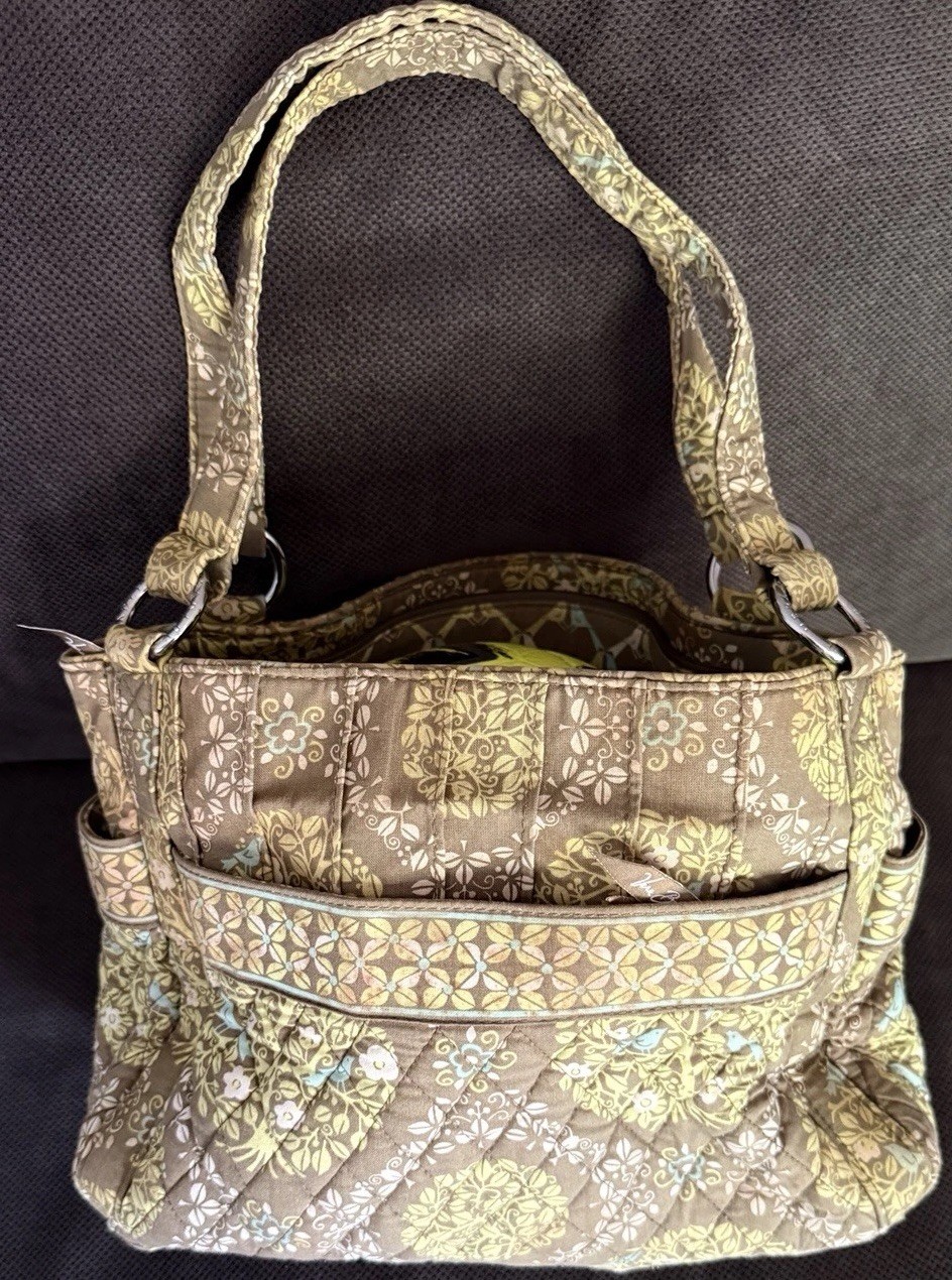 Vera Bradley Quilted Floral Tote Brown/Green/Blue Zip Silver Hardware Pockets