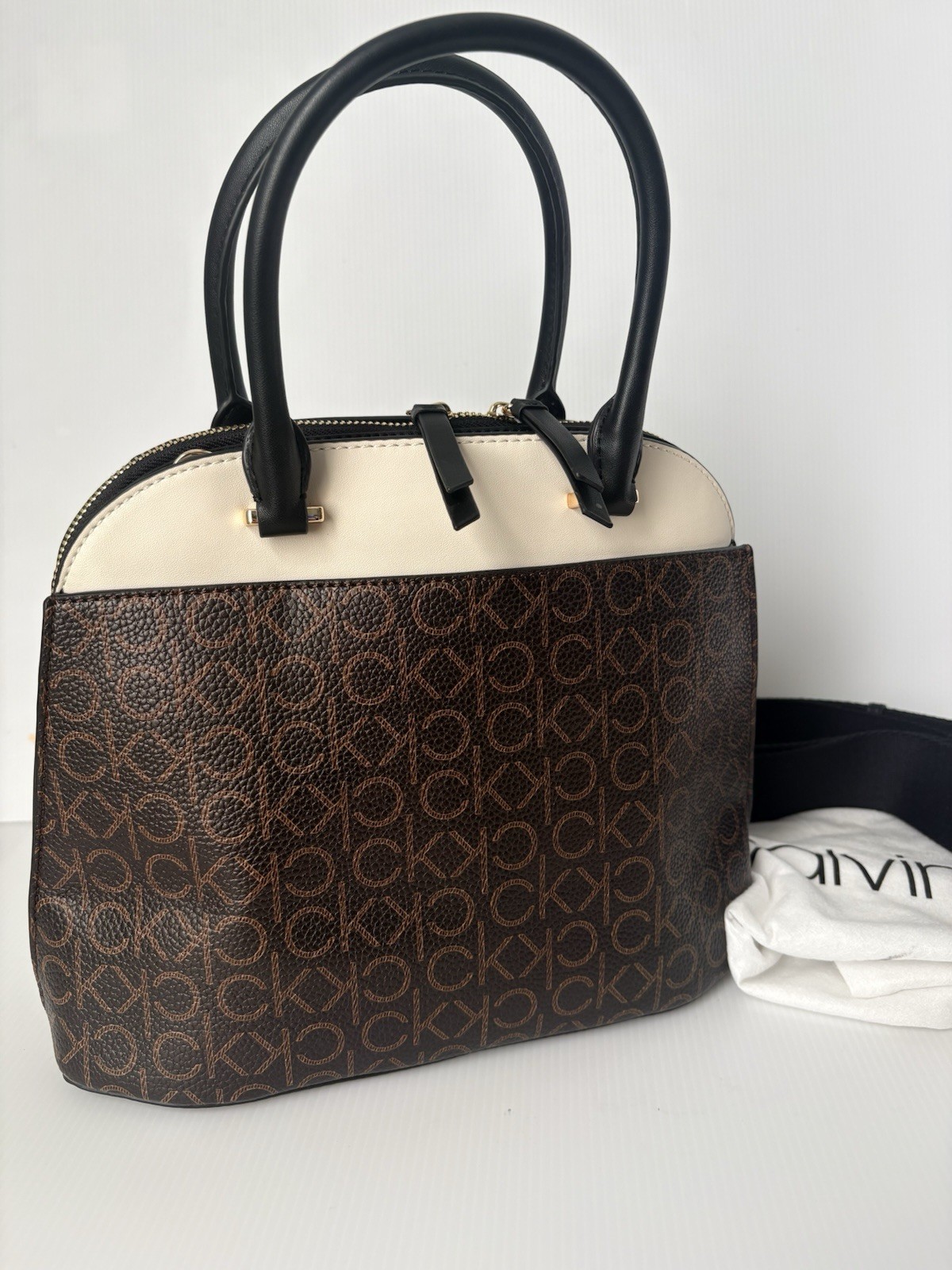Calvin Klein Becky Dome Organizational Satchel Brown/Khaki/Black/White New