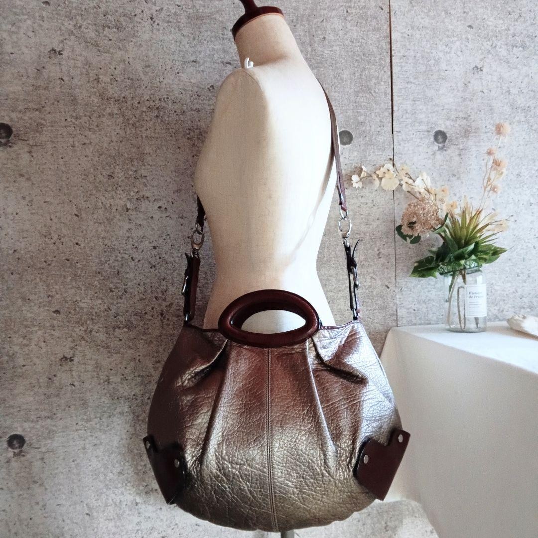 Marni Balloon 2-Way Shoulder Bag Leather Bronze Brown Handbag 15.4×11.8×5.9 in