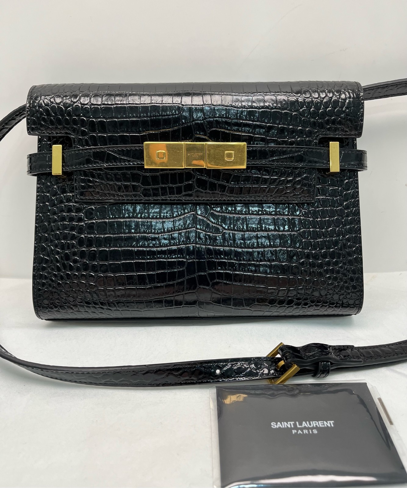 Saint Laurent Manhattan Small Black Croc Embossed Leather Crossbody Bag US Ship