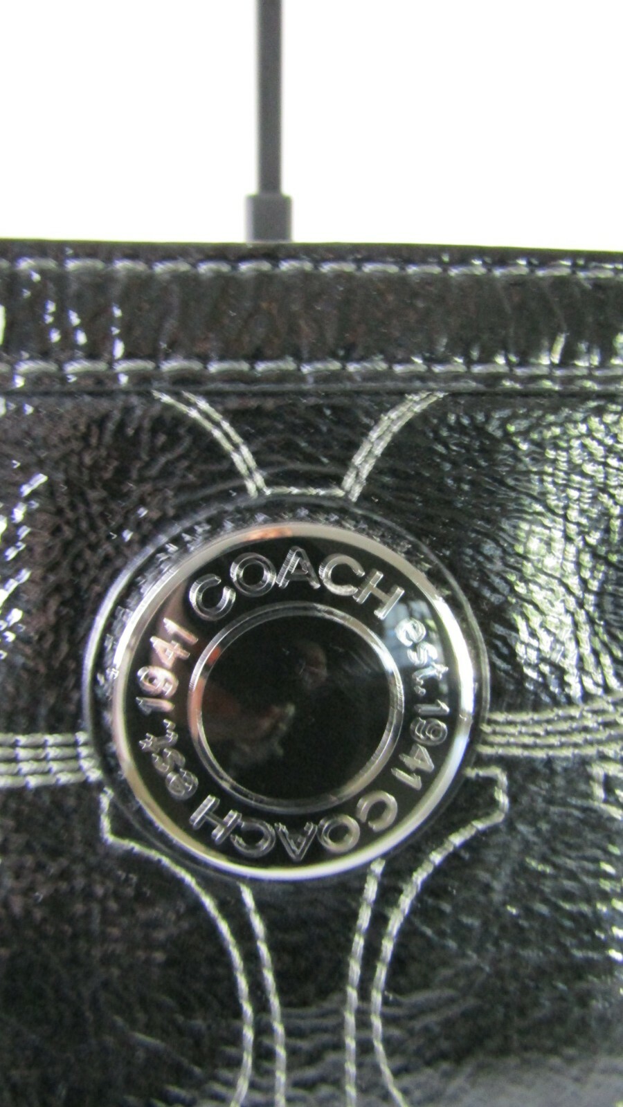 Coach F19198 Signature Sis Stitch Black Patent Leather Medium Tote Shoulder Bag!
