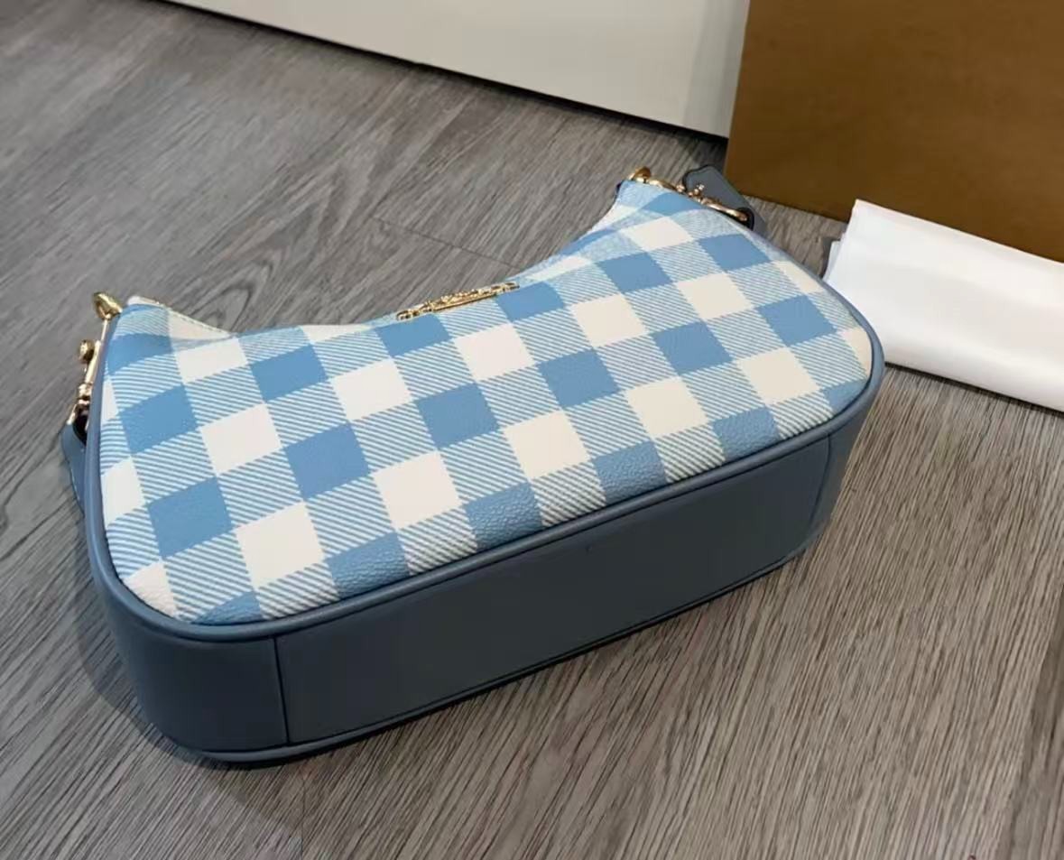 Coach Teri 25 Gingham Check Shoulder Bag Blue White Canvas Handbag