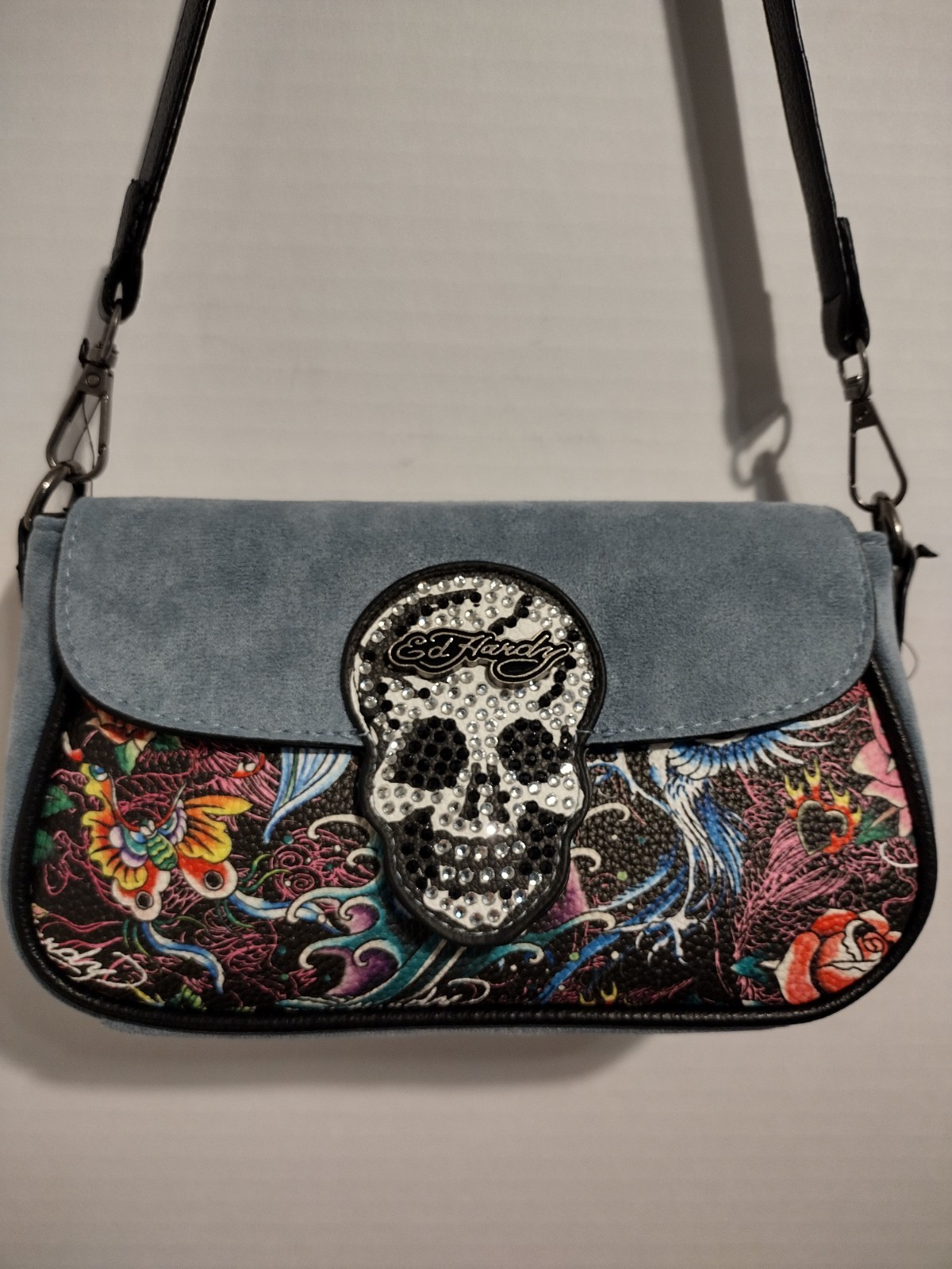 Ed Hardy Blue/Black Small Shoulder Bag, Skull Floral, Zip/Magnetic, Charm Strap