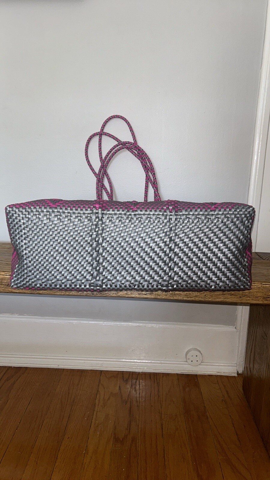 Magenta Silver mexican recycled plastic tote bag With Pom Pom Charm – Waterproof