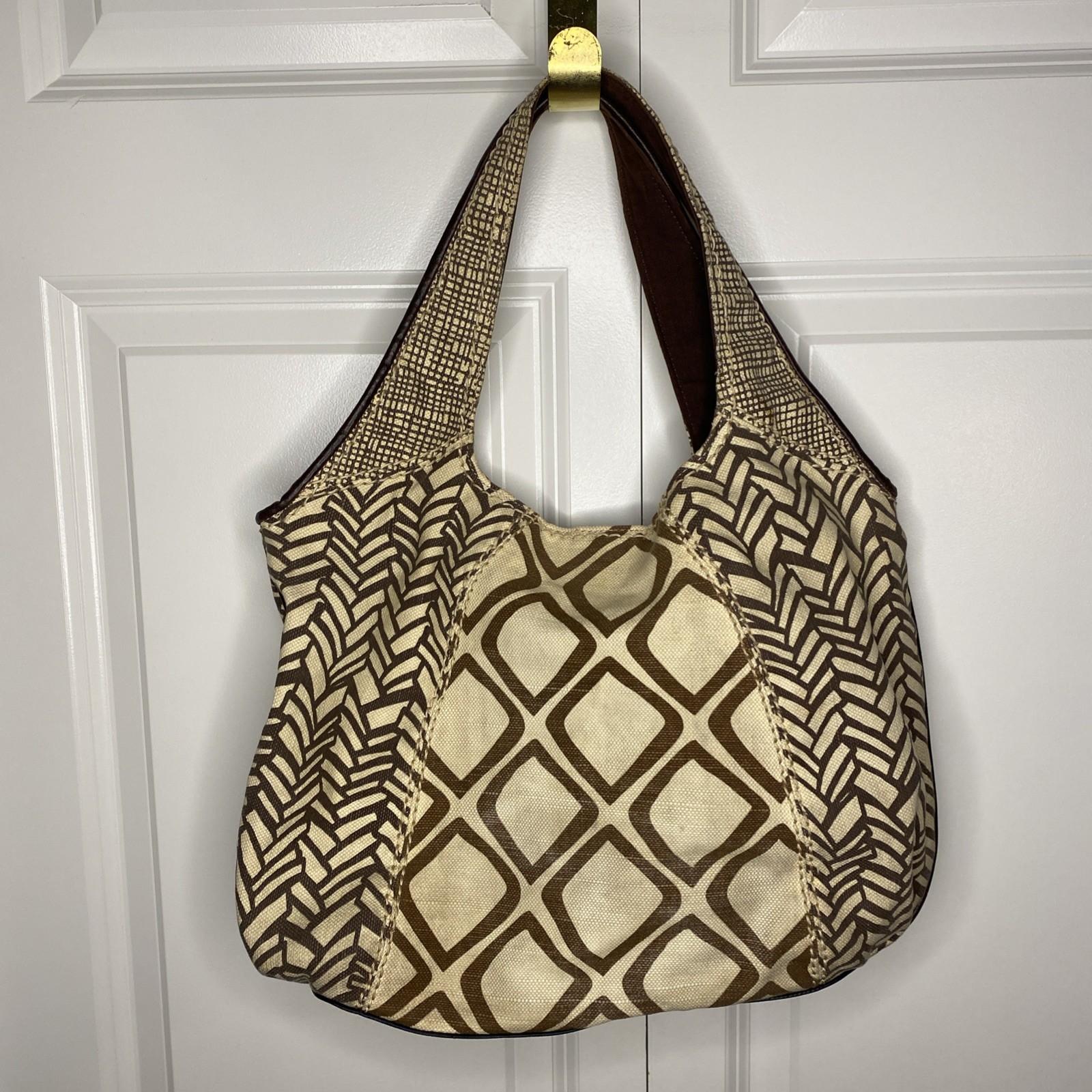 Fossil ARI Embellished Tribal Geometric Canvas Hobo Shoulder Bag Tote Brown
