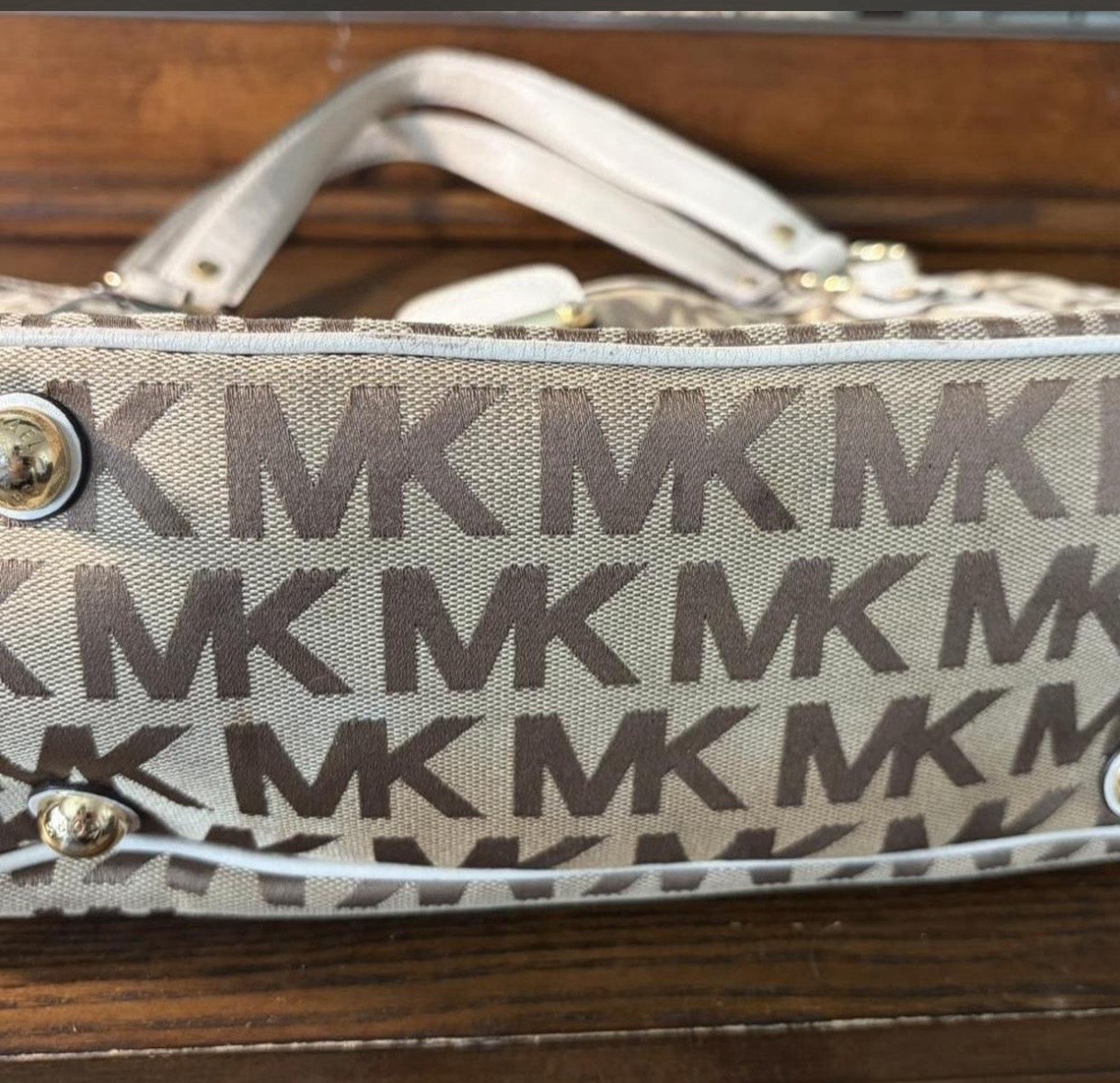 Michael Kors Logo Satchel Beige/Brown/White, Buckle, Gold Hardware