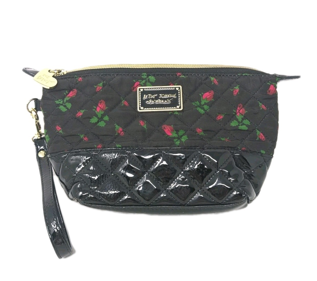 Betsy Johnson Quilted Black Red Rose Bud Cosmetic Makeup Bag Clutch Wristlet