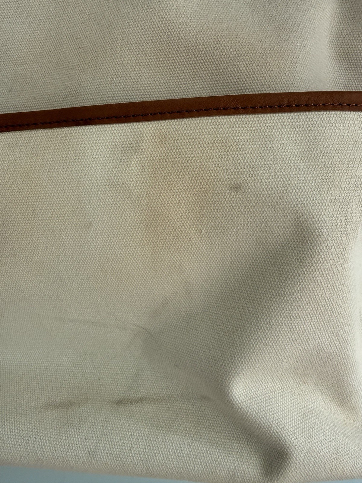 LL Bean 100% Cotton Tote Brown Leather Handle Canvas Bag Ivory Striped Lining