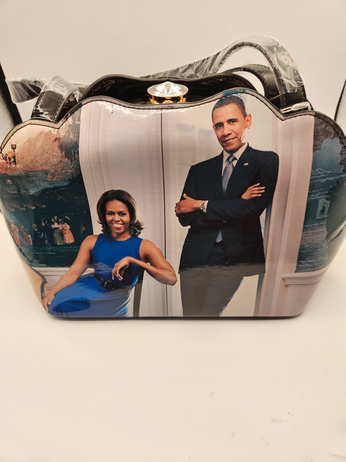 Obamas Glossy Portrait Handbag with Gem Clasp
