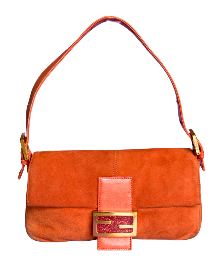Authentic FENDI Baguette Orange Suede Glitter Buckle Shoulder Bag Y2K Vintage