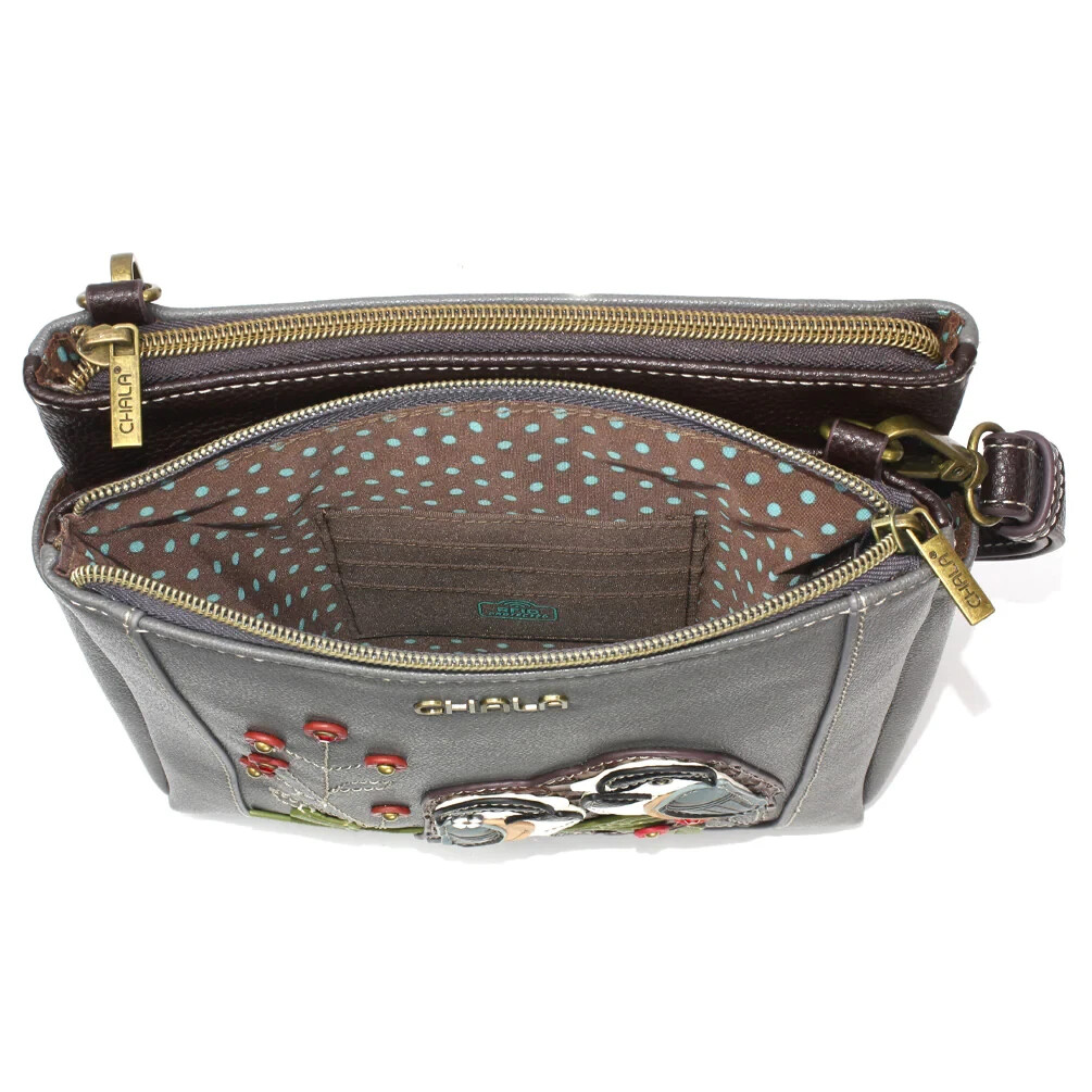 CHALA GREY CHICKADEE BIRD MERRY MESSENGER TOTE BAG PURSE FAUX LEATHER RFID