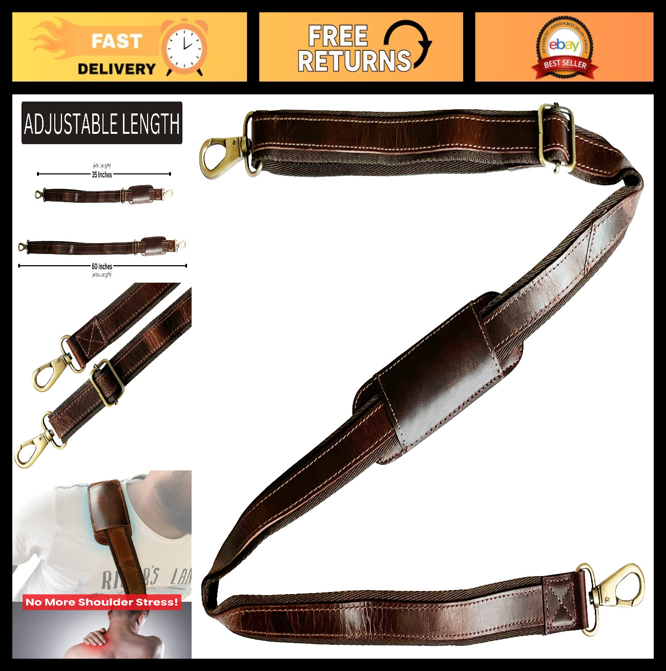 Adjustable Leather Shoulder Strap with Padding for Duffle, Satchel, Messenger Ba