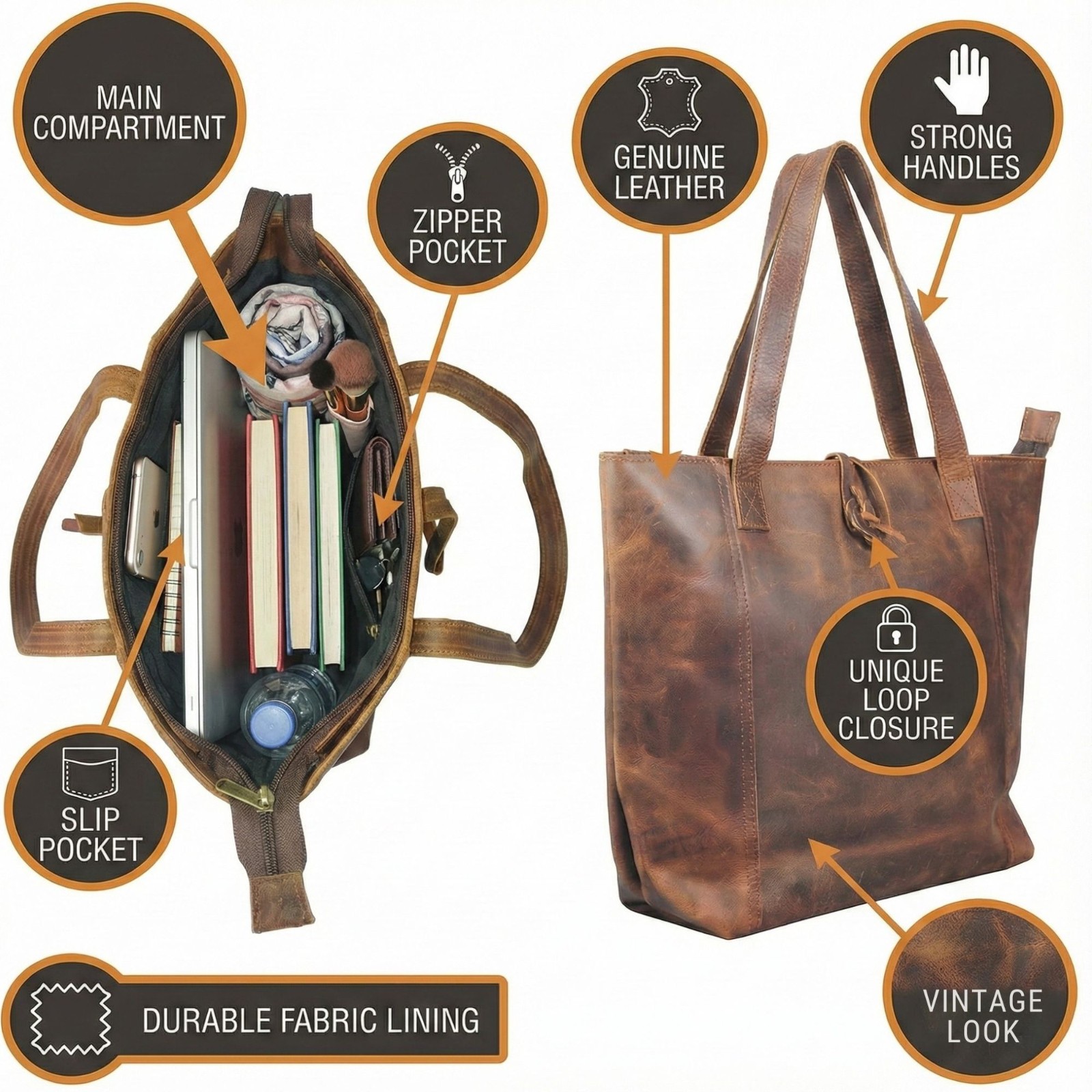Genuine Leather Women Tote Large Shoulder Handbag Work Purse Brown Shopper bag