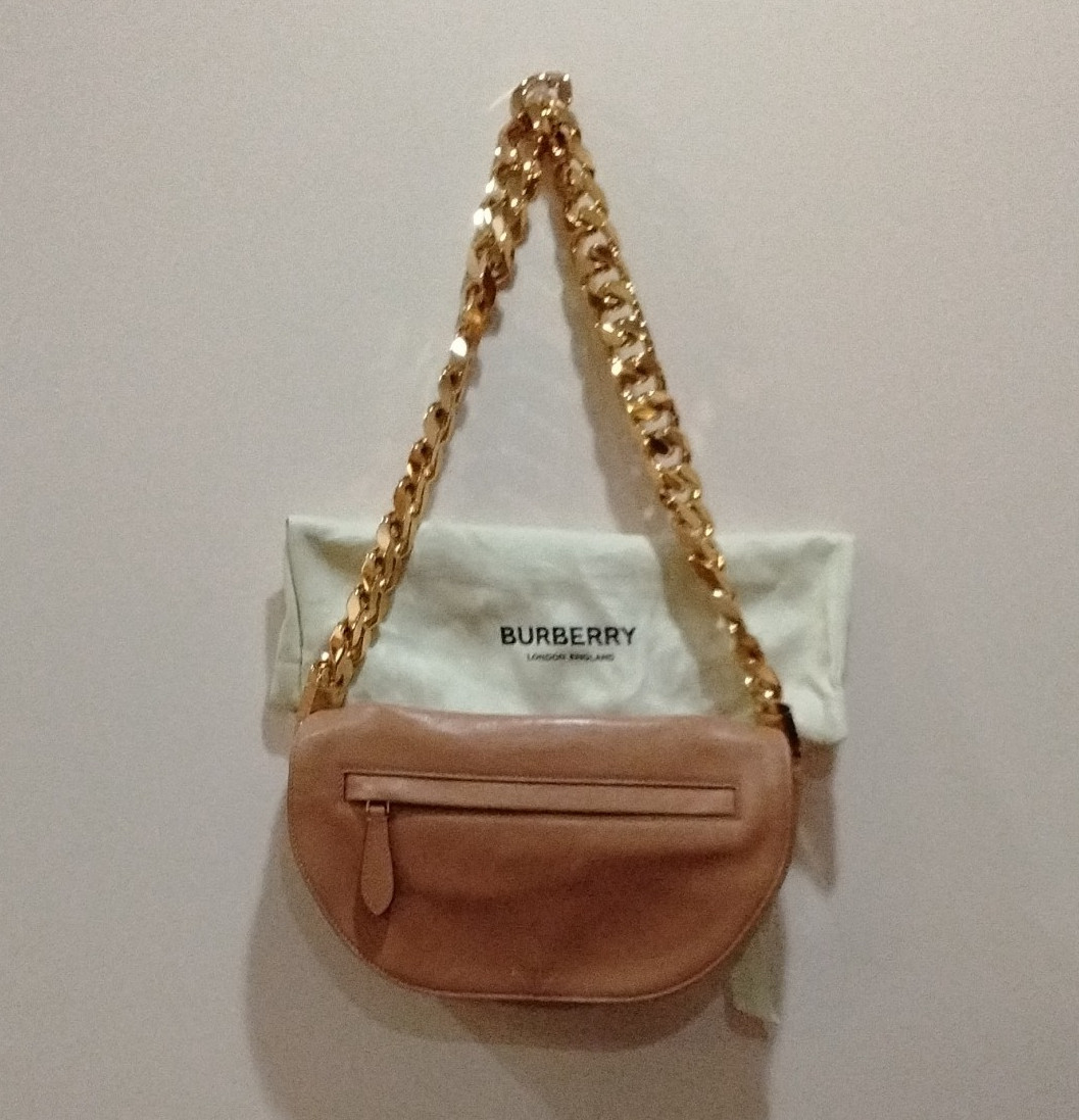 Burberry Small Brown Crescent Shoulder Bag Gold Chain Strap Zip Pockets Dust Bag