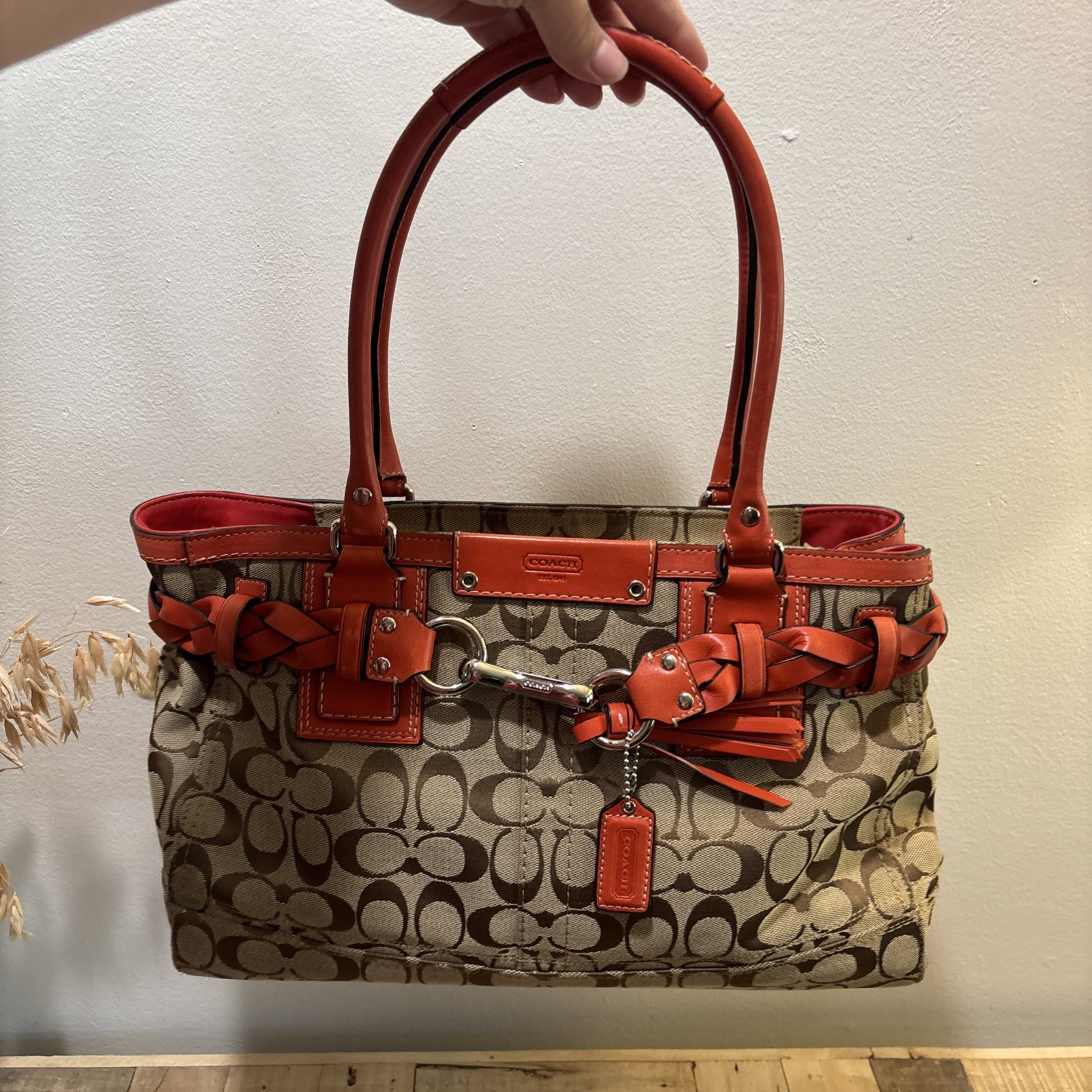 Coach Hampton Signature Logo Braided Leather Carryall Tote Handbag