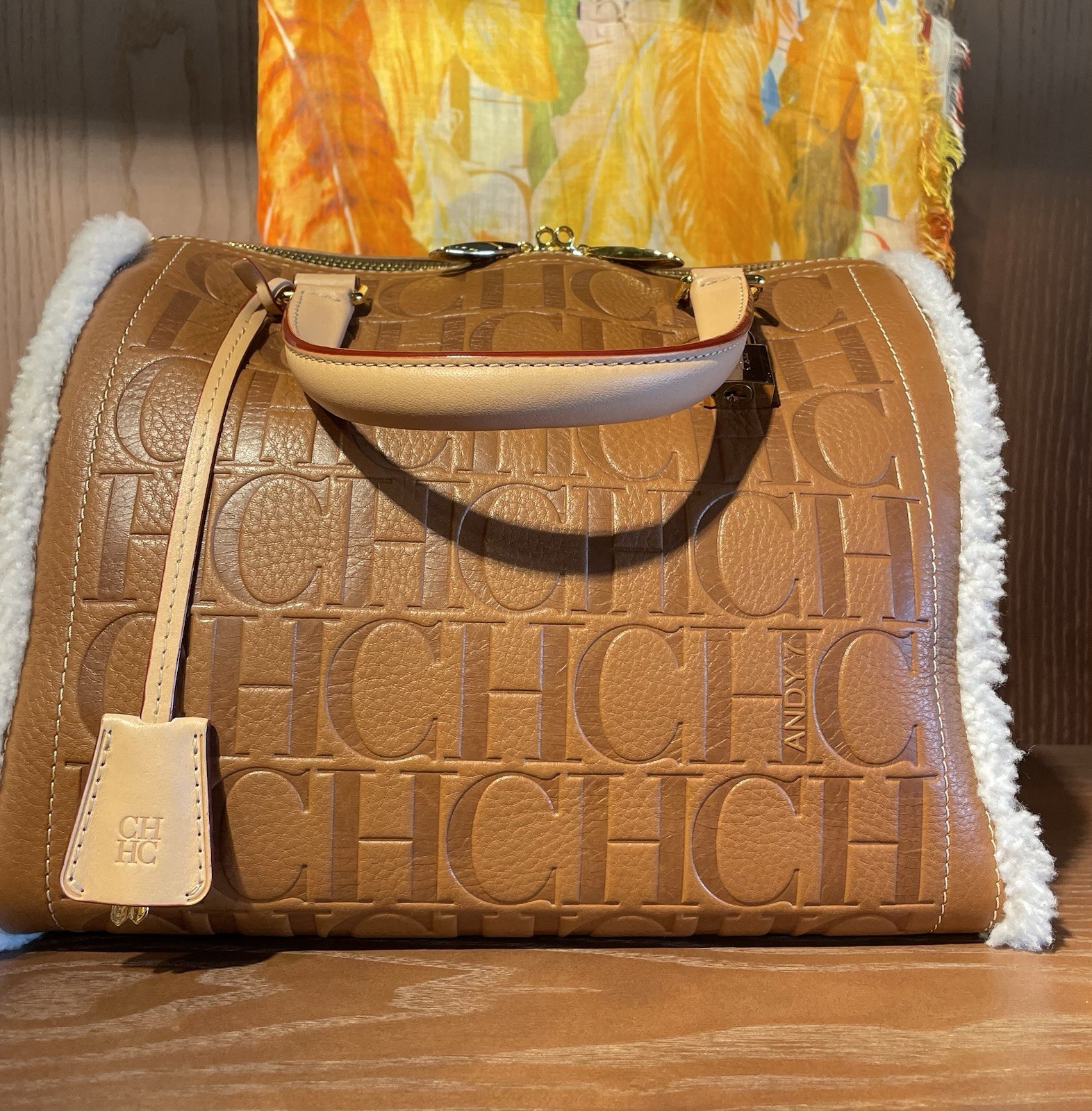 CH * Carolina Herrera Andy 7 Camel Cognac Luggage Handbag Authentic Leather New
