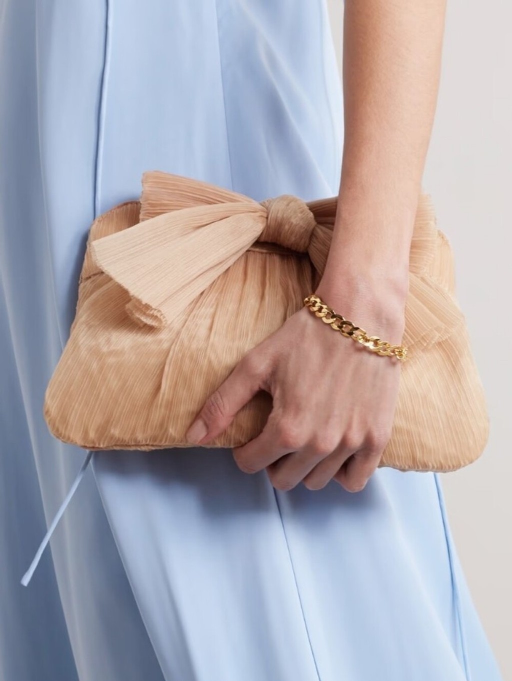 LOEFFLER RANDALL Rayne bow-embellished plissé-organza clutch NWT $250 (No Strap)