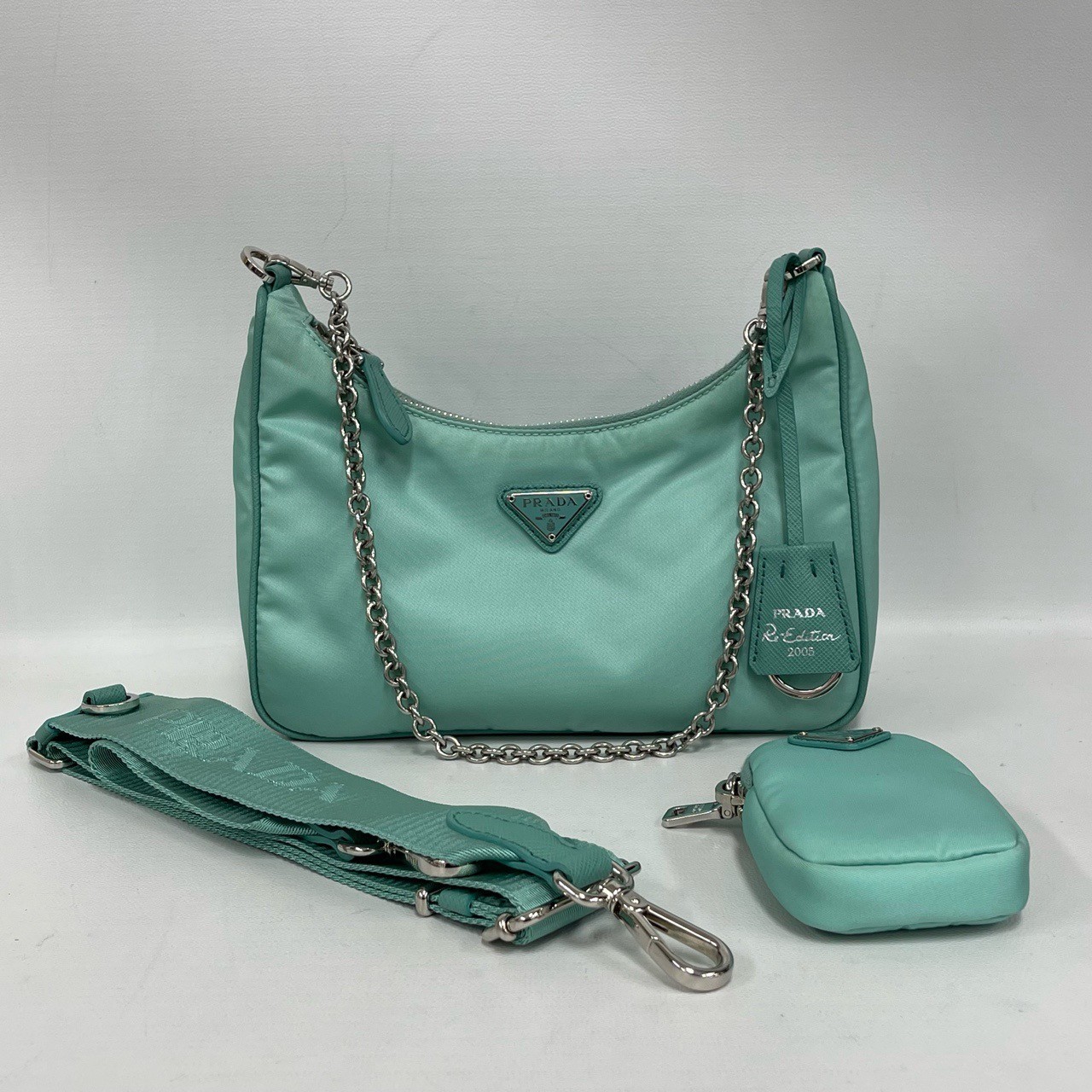 Prada 3in1 Mint Green Silver Canvas Shoulder Crossbody Bag