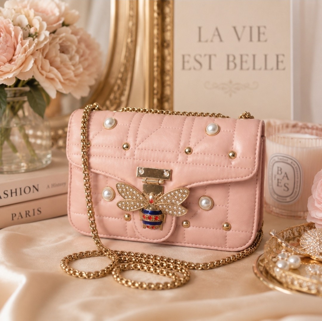 Women’s Pink Bee Pearl Studded Crossbody Purse Gold Chain Shoulder Handbag