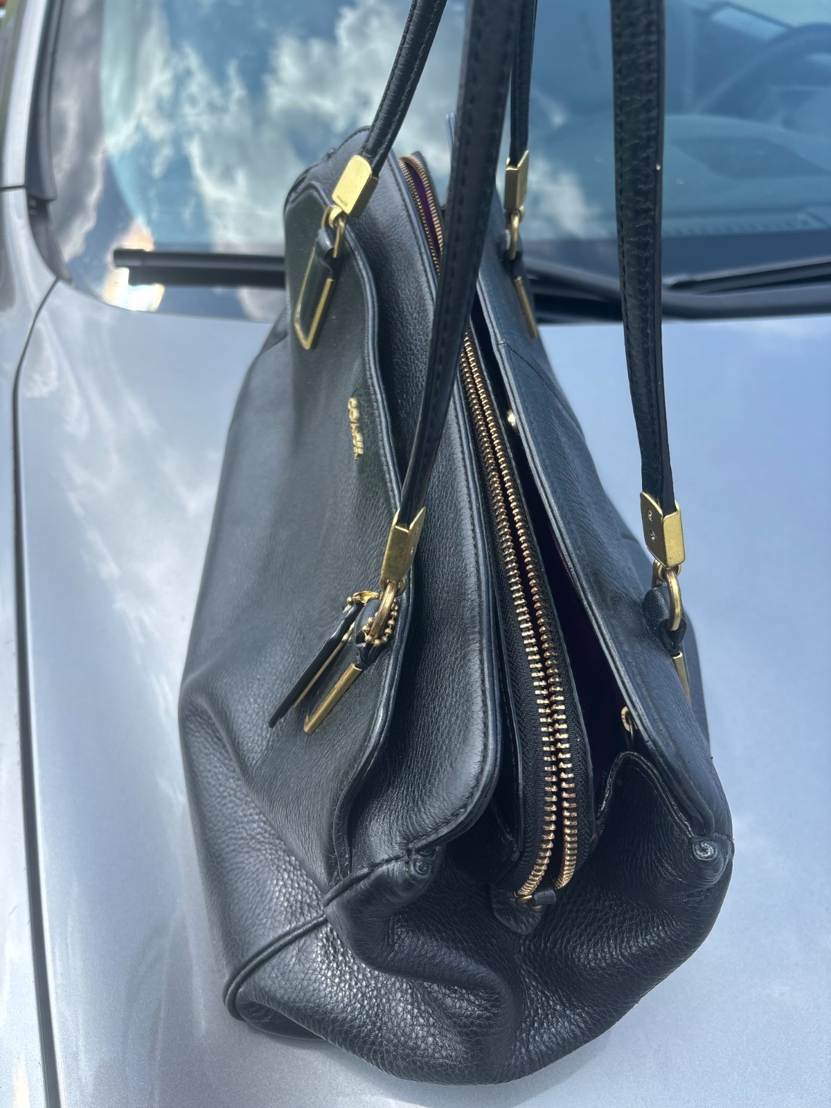 Coach Madison Kimberly Black Peeble Leather Purple Interior Carryall bag