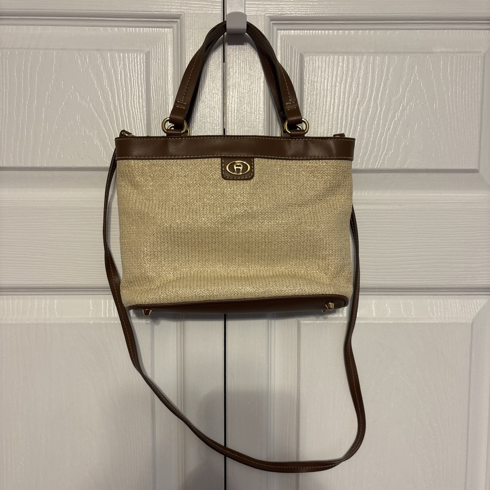 Etienne Aigner Straw Basket Handbag Purse Rattan W brown Accents Gold hardware