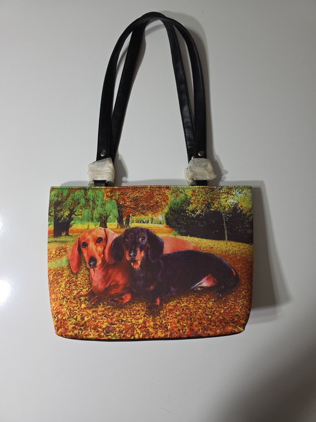 Unbranded Dachshund Dog Double Handle Shoulder Bag Rhinestones Zips Nature Scene