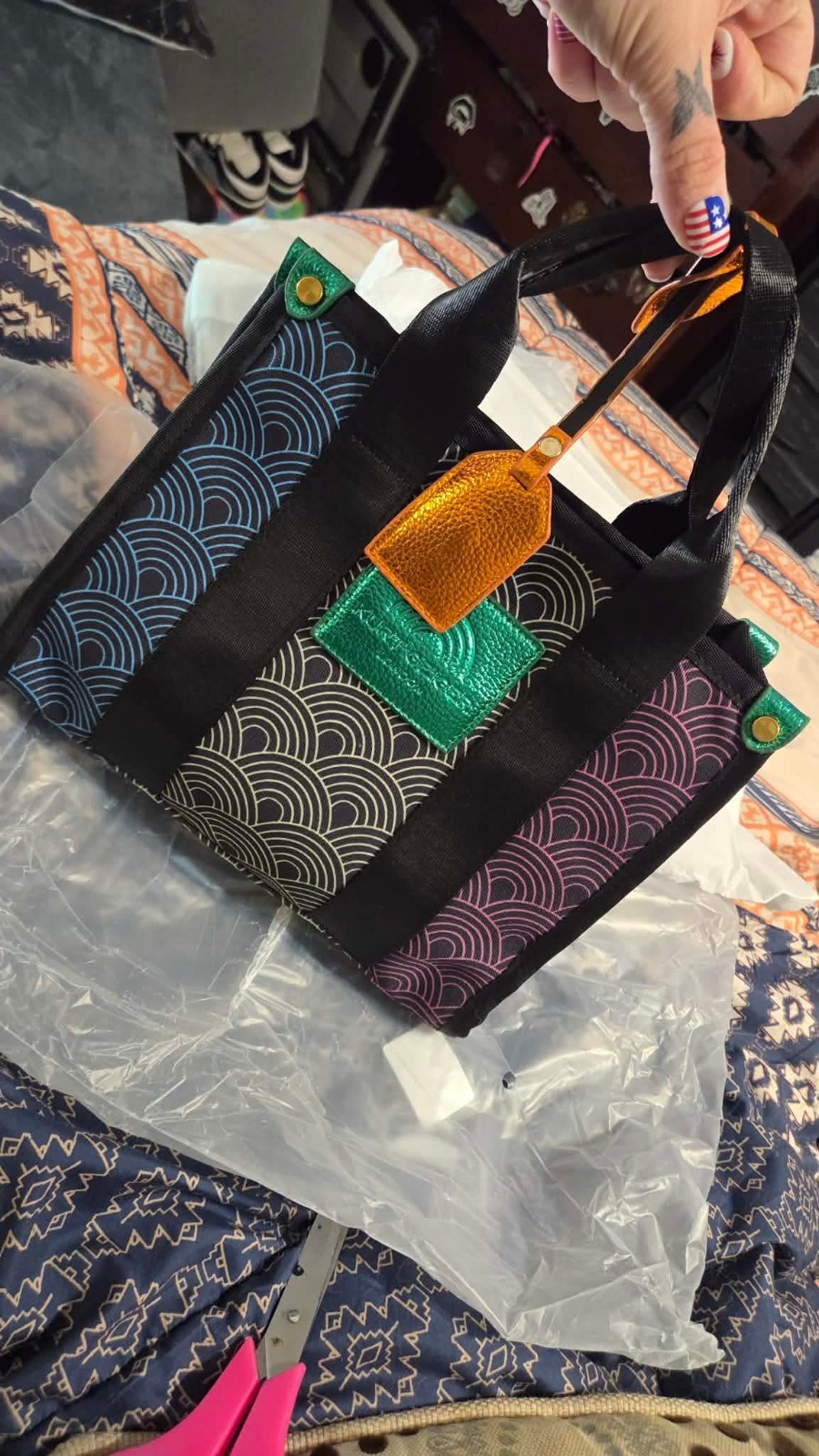 Personalized KURT Embroidered Multicolor Geometric Tote, Black Handles, Tag