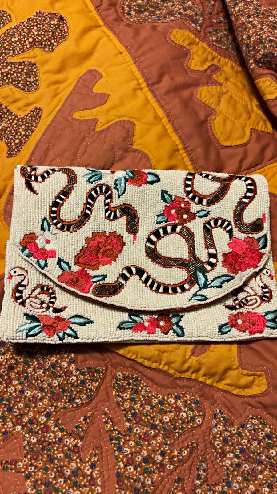 Embroidered Floral Rectangle Clutch Snap Closure Beige/Multicolor Orange Lining