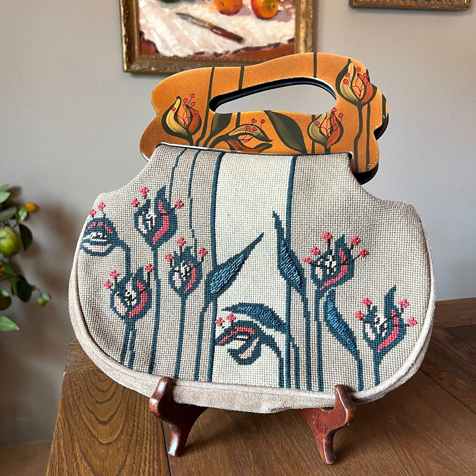 Vtg Patricia Smith Moon Bags Needlepoint Floral Bohemian Art Beaded Leather