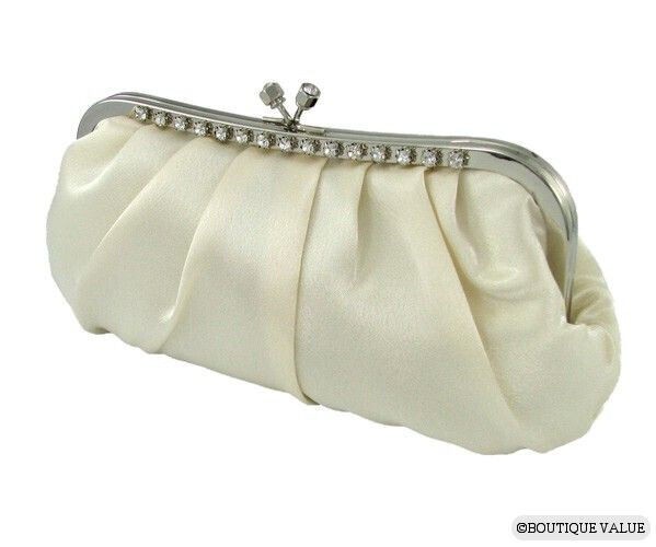 Ivory Satin Pleats Shoulder Chain Clutch Rhinestones Evening Purse NEW