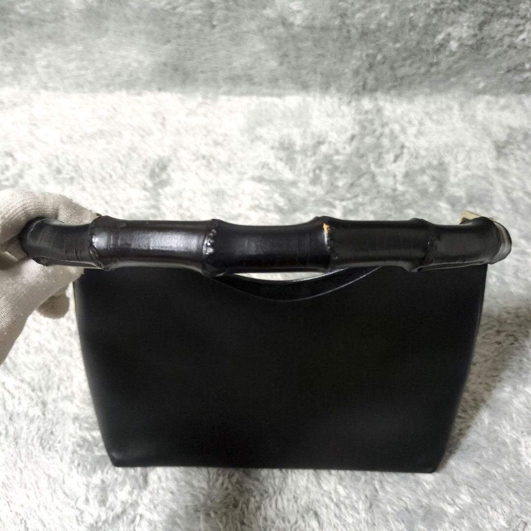 Gucci Bamboo Leather Shoulder Bag Black Gold with Pouch Women Authentic