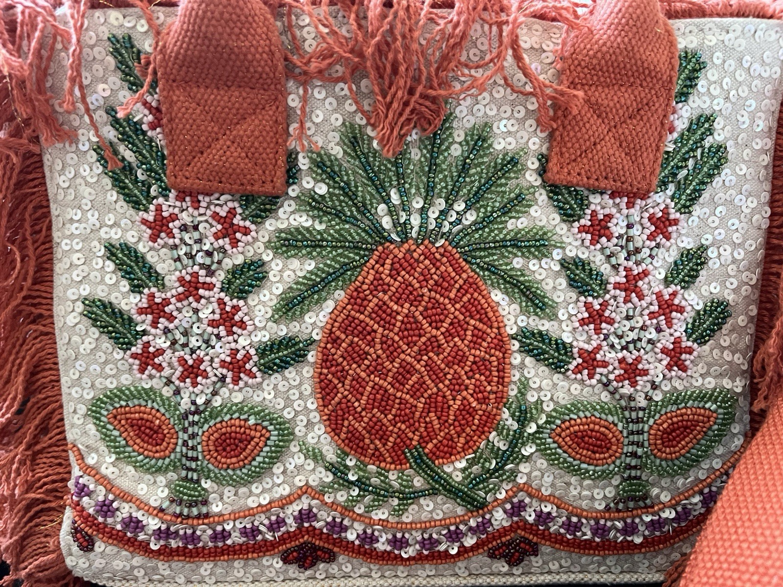 NWT Viral America & Beyond Pineapple Orange Beaded Mini Tote Bag Fringed Fruit