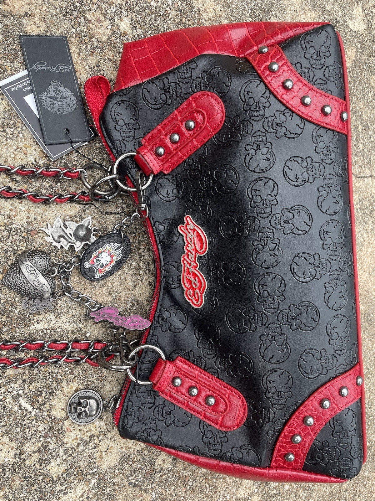 Ed Hardy Black & Red Tote Chain Charms Studded Croc Look Embossed Skulls Y2K NWT