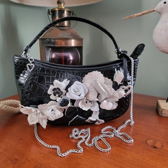 Brighton Calista Mini Demi Bag Black Patent Croc Leather Floral Purse Y2K