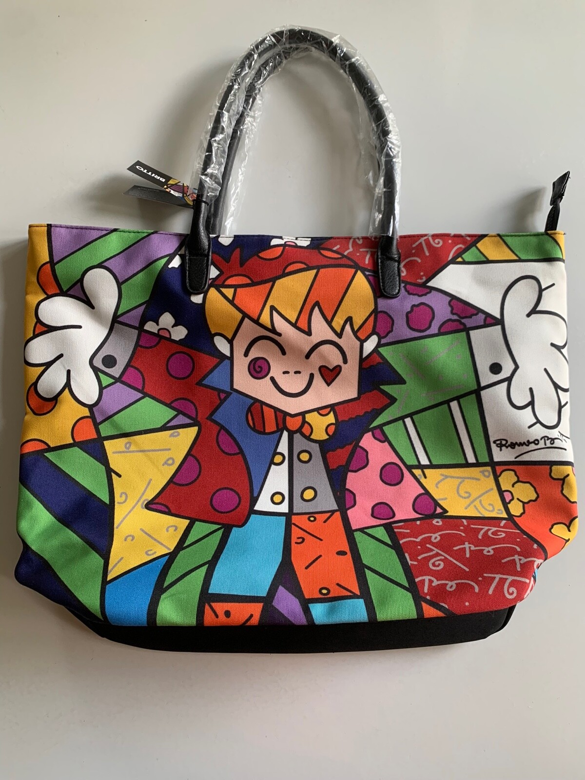 ROMERO BRITTO Tote Bag HUG Illustrated Pop Art Lined Black Double Handle Zip NWT