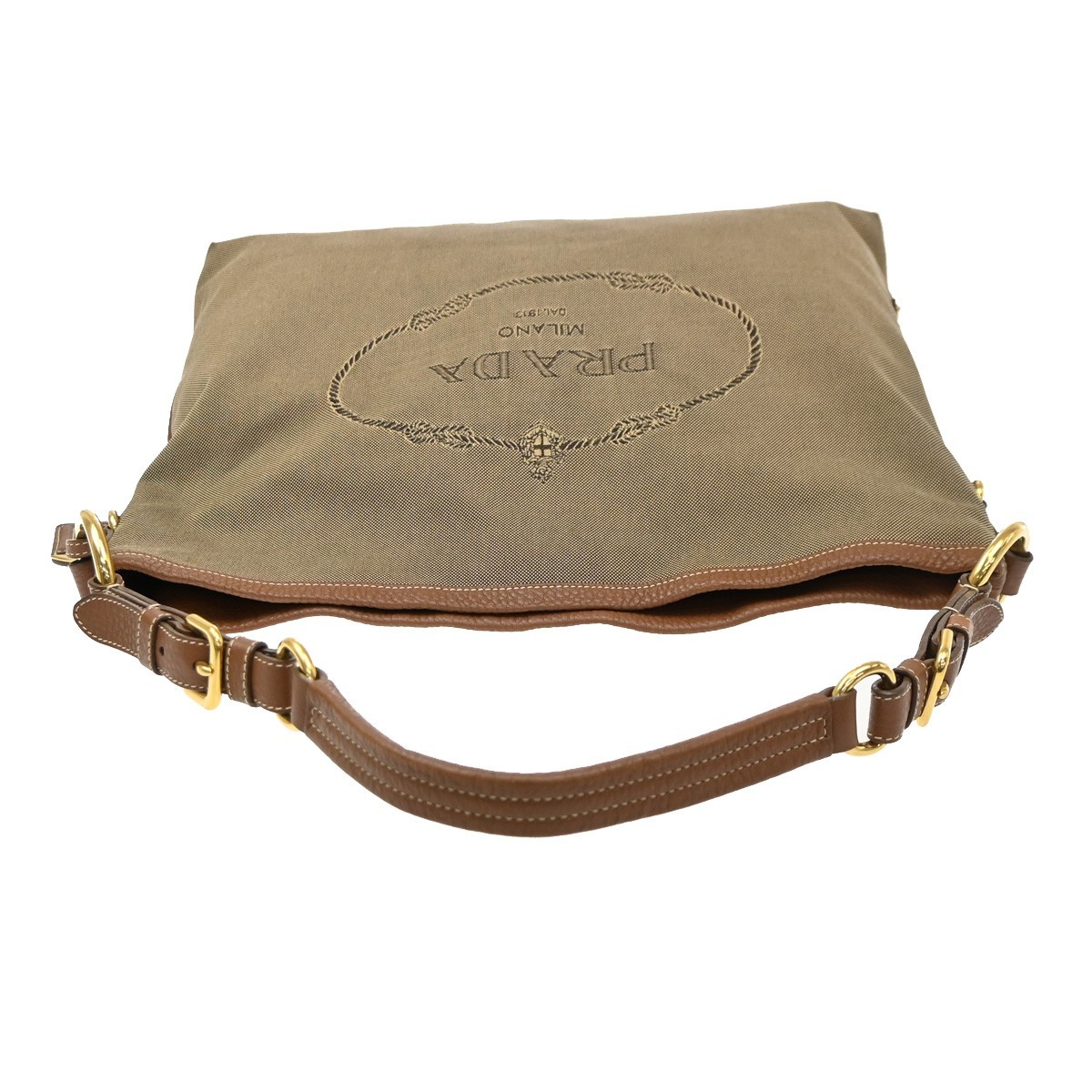 PRADA Logo Jacquard Shoulder Hand Bag Canvas Leather Brown GHW 85KD649