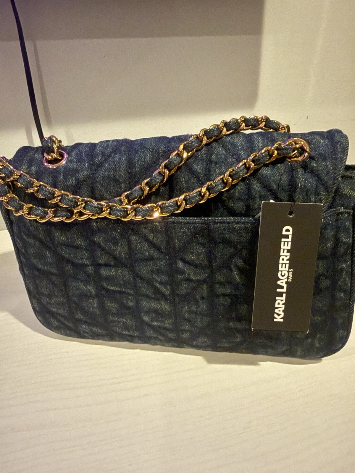 KARL LAGERFELD PARIS Blue AGYNESS Quilted DENIM Flap TURN LOCK Shoulder BAG NWT