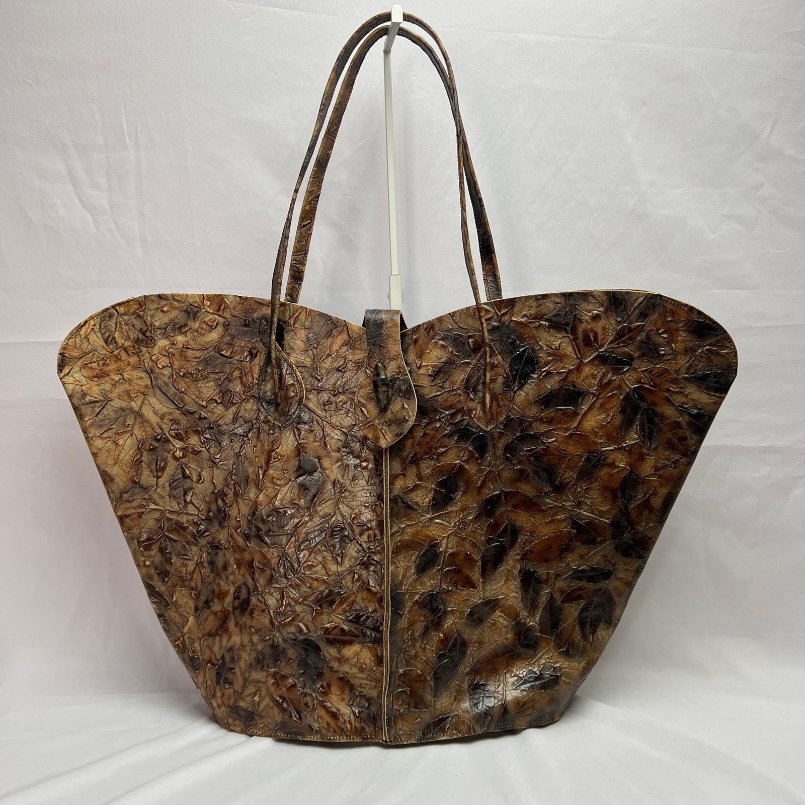 Luxury Artisan Leather Leaf Texture Tote Bag Handmade Brown Earthy Boho Heritage
