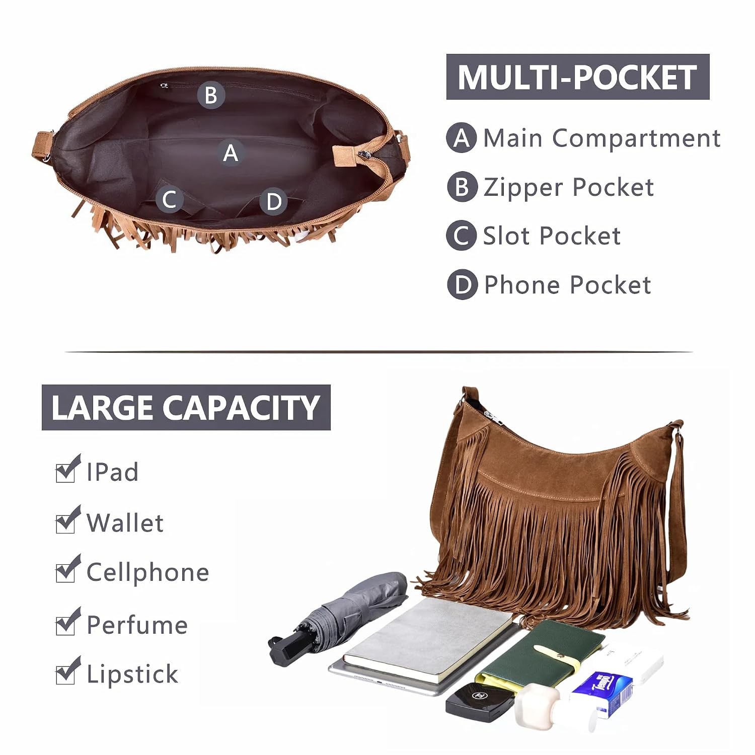 Brown Vintage Suede Fringe Hobo Crossbody Bag for Women Western Style Women’s