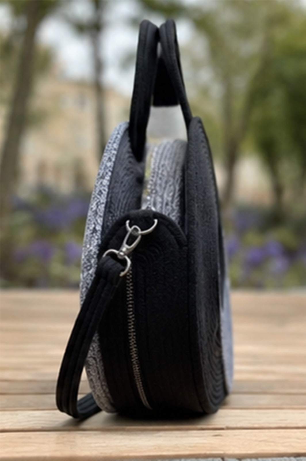 Round Woven Handbag, Black & Gray Rope Tote Bag, Circular Crossbody Purse