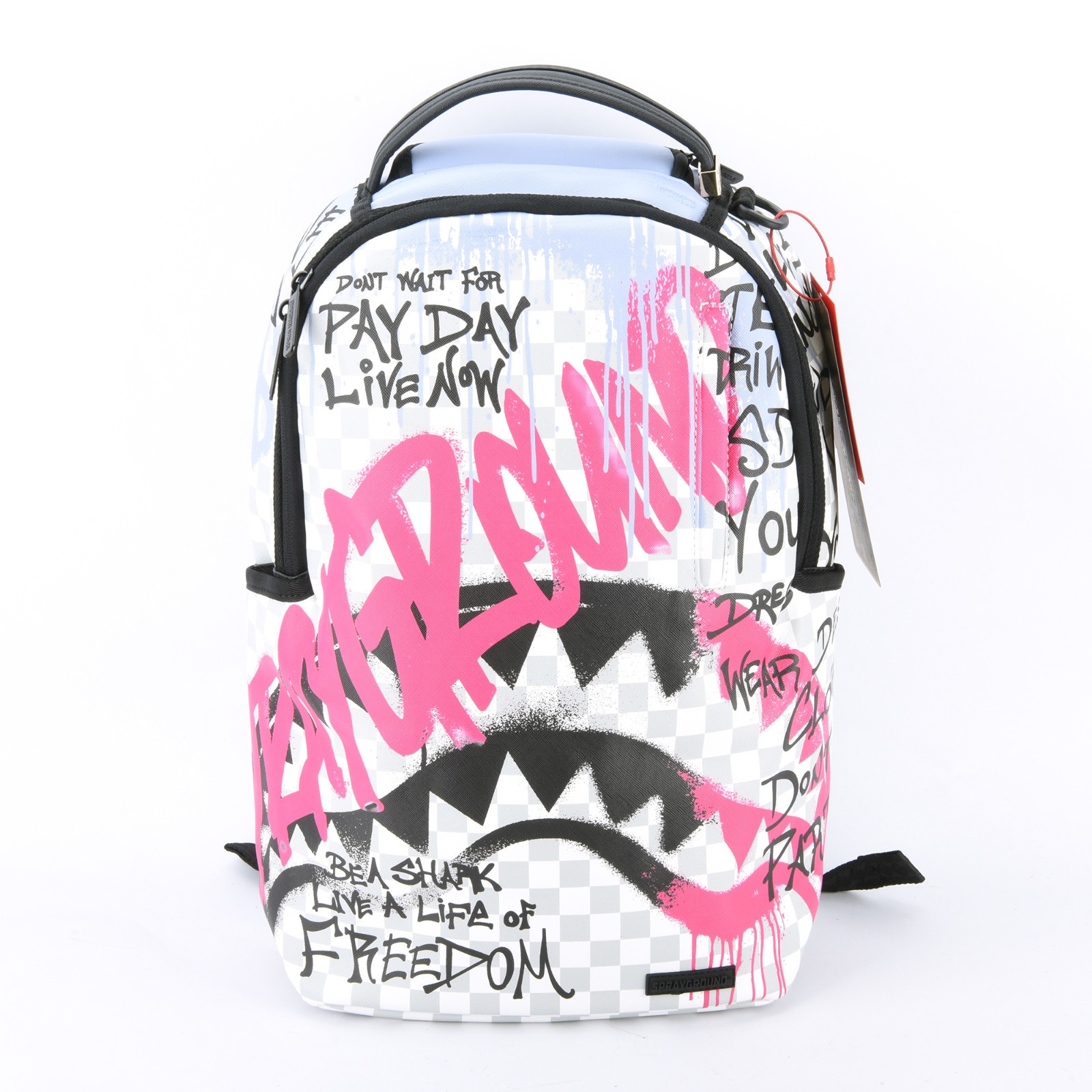 Sprayground Shark Poetry Dlxsv Leather Backpack Zippered Unisex Plaid Pink Gray