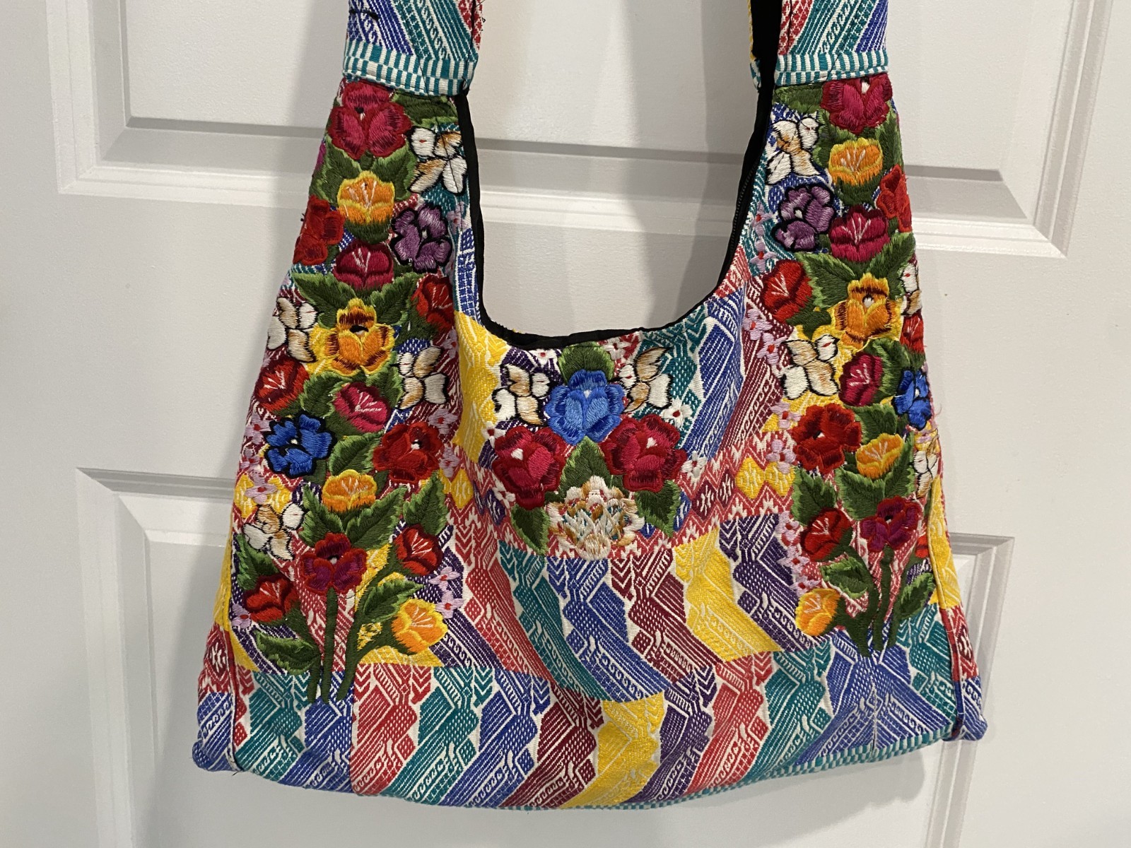 Huipil Guatemalan Tote Bag Crossbody 18x14x3 inches Floral Roses Colorful