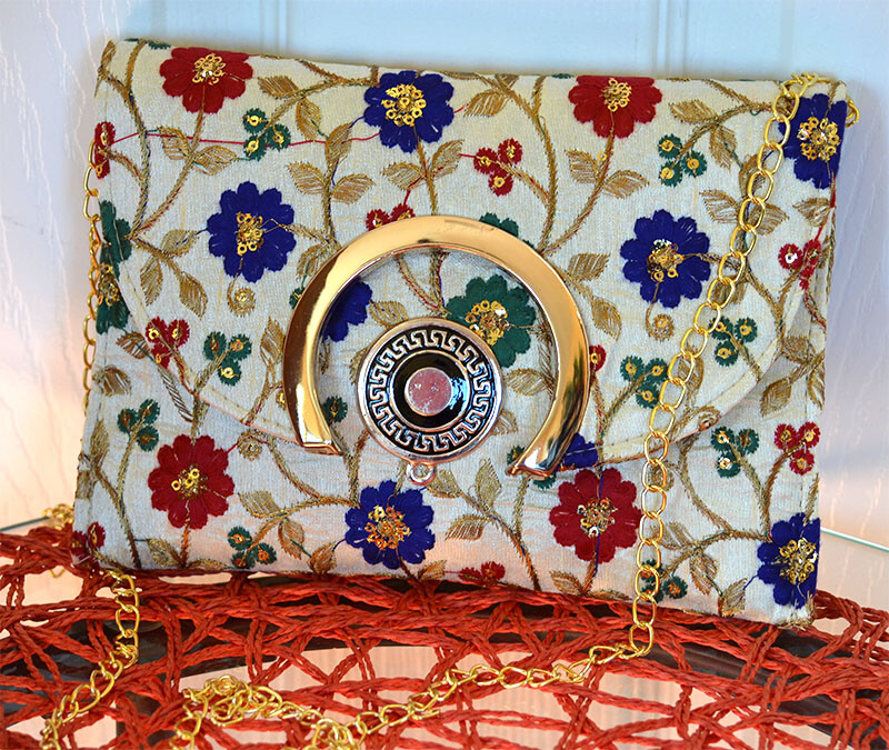 Beige Silk Fabric Multi Color Embroidered Purse Clutch Shoulder Bag from India!