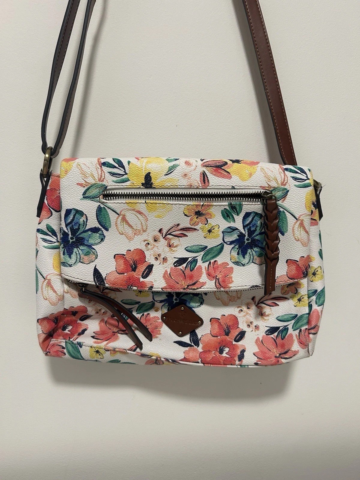 St. John’s Bay Floral Multicolor Crossbody Bag Zip Det Braided Strap Gold HW
