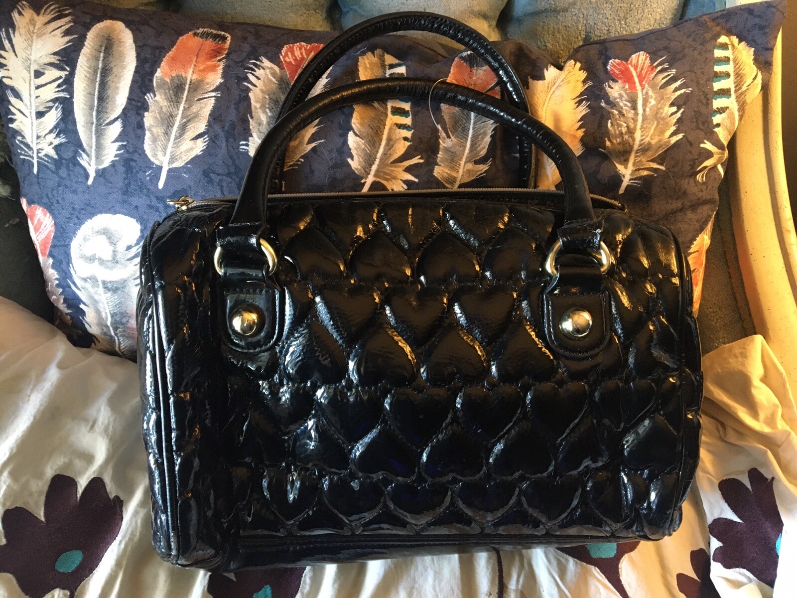 Betsey Johnson Classic Black Heart Pattern Quilted Black Nylon Career Wear Trend