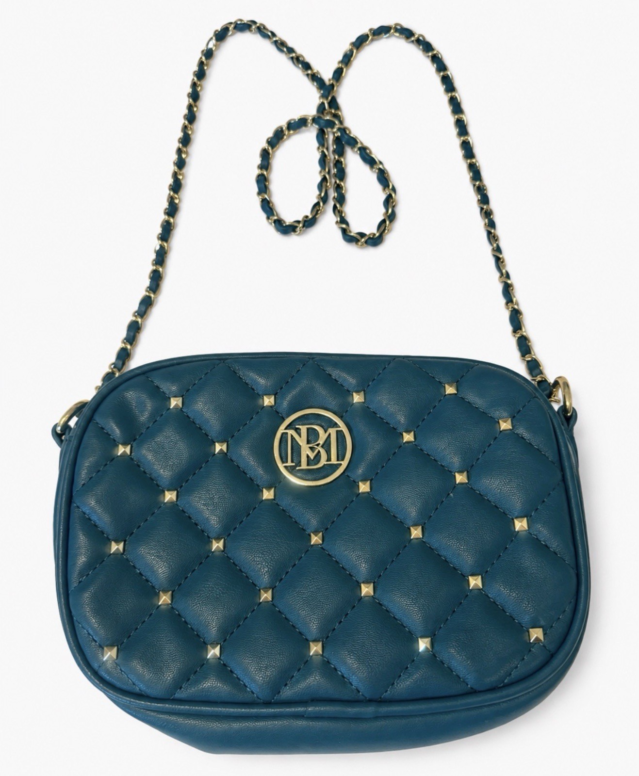 Badgley Mischka Teal Crossbody Purse Gold Chain Faux Leather New Elegant Bag