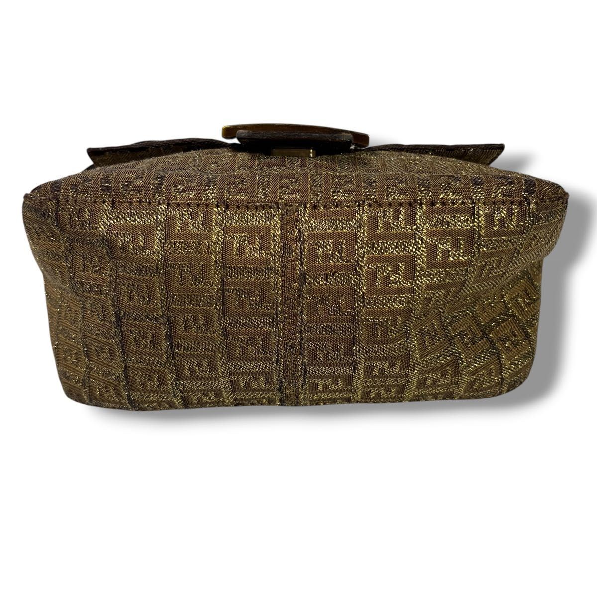 FENDI Mamma Baguette Zucca Canvas Gold Shoulder Bag FF Logo Vintage Auth