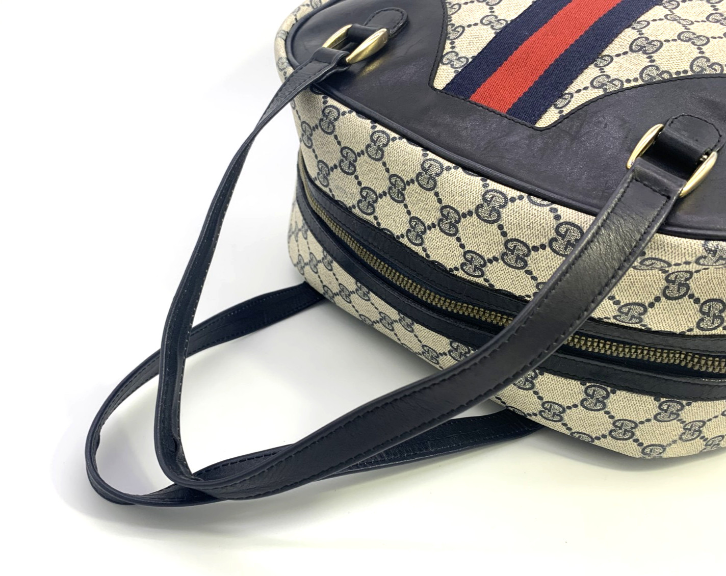 GUCCI VINTAGE Web Stripe Handbag Boston GG Supreme Navy Rare Large Authentic